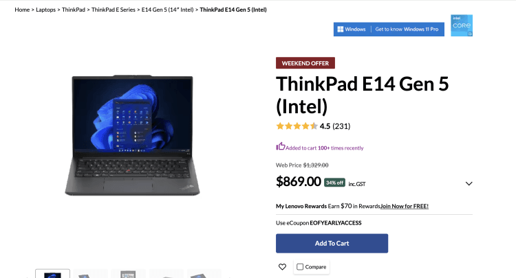 Lenovo: ThinkPad E14 Gen 5 (Intel) – 34% Off – $869